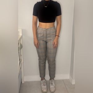 plaid pants mid waist cropped ankle length pants with yellow detail